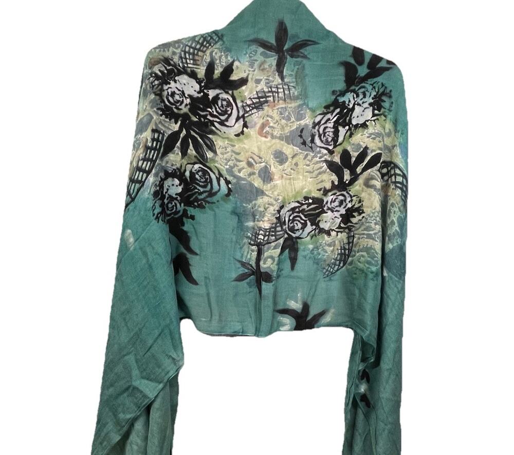 Fringe Dark Floral Rose Shawl Wrap Pashmina Viscose Boho Beach Teal Sacred Heart